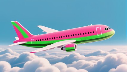 Colorful airplane glides above fluffy clouds in bright blue sky