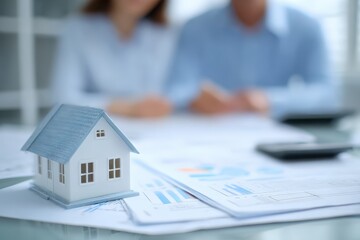 Down payment assistance program concept. Miniature house model on documents, symbolizing real estate and investment discussions.