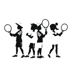 Diverse group of children playing tennis with rackets in silhouette style