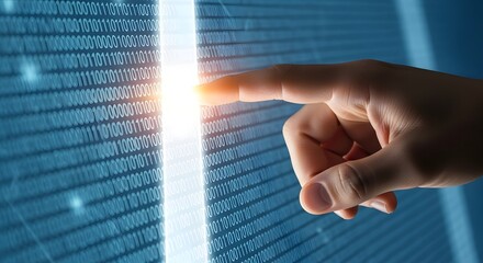 Hand touching a bright vertical line of binary code on a blue digital background