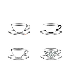 Four hand drawn cups of coffee or tea on saucers with different styles