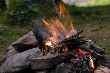 Glowing bonfire on nature. Burning wooden planks outside on summer day