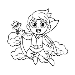 Little Boy Wearing a Superhero Cape Flying Above the City Coloring Page