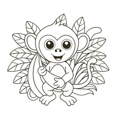Fototapeta premium Playful Monkey Holding a Banana with Jungle Leaves Coloring Page