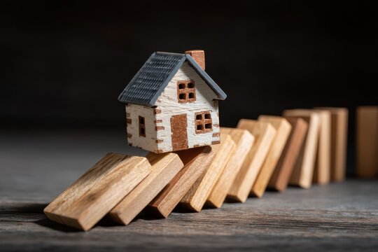 Down payment assistance program concept. A house model balanced on dominoes, symbolizing stability and risk.