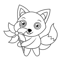 Naklejka premium Baby Fox Blowing a Pinwheel Coloring Page