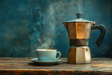A steaming cup of coffee alongside a classic moka pot on a rustic wooden table