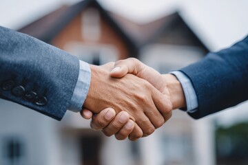 Down payment assistance program concept. Handshake symbolizing partnership in front of a house.