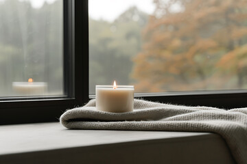 cozy reading corner, cozy reading corner with candlelight, a soft blanket, and a warm autumn ambiance