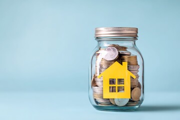 Down payment assistance program concept. Jar filled with coins and a yellow house icon representing savings for a home.