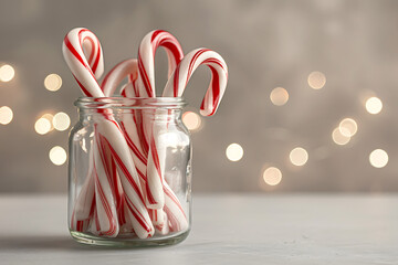 festive candy cane display, glass jar filled with festive candy canes, surrounded by glowing garland bokeh for a christmas backdrop
