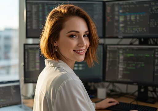 A smiling woman works diligently on a computer, coding software in a modern office environment.