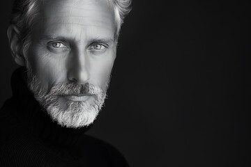portrait photography, elderly with striking presence and kind gaze in monochrome portrait
