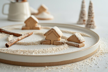 holiday gingerbread decor, gingerbread town, with icing snow, twinkling lights, and cinnamon sticks