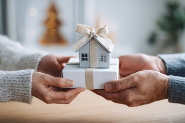 Down payment assistance program concept. Gift exchange featuring a decorative house-shaped present held by two hands in a cozy setting.