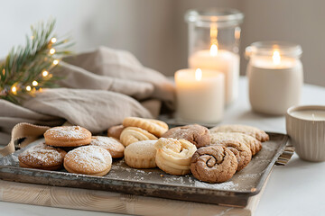 festive holiday baking, classic holiday cookies on old tray, charming winter decorations, candles creating a warm ambiance