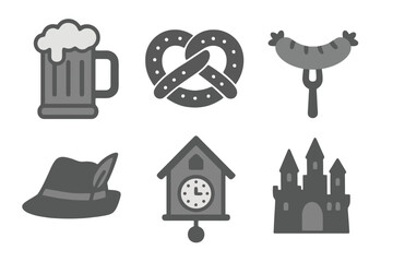 German icons in light and dark gray shades: beer mug, pretzel, sausage, alpine hat, cuckoo clock, castle. Flat cartoon style on transparent.