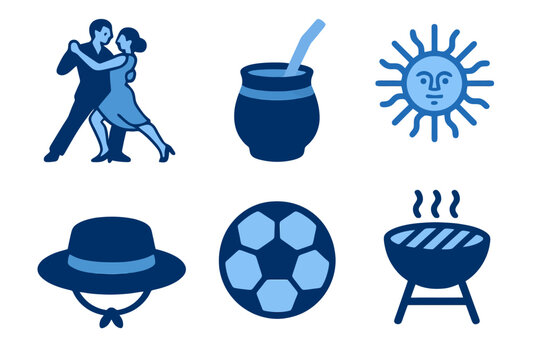 Argentinian icons in light and dark blue shades: tango, mate, sun, gaucho hat, football, barbecue. Flat cartoon style on transparent.