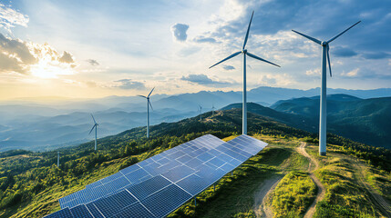 Renewable energy wind turbines and solar panels on mountain top