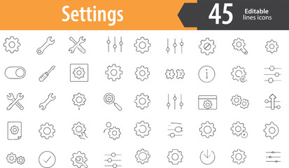Settings Line Icons, Gear, Wrench, Slider, System Preferences, Configuration, Editable Formats: AI, EPS, PNG, Ideal for Both UI and Print Media Use
