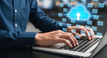 Person typing on laptop with cloud upload icon and floating files indicating data transfer
