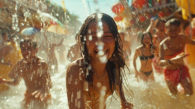 Exuberant young girl having fun during Songkran festival with water splashes and sunny background - Powered by Adobe