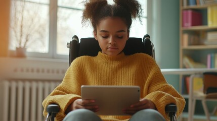 Multiracial Teen in Wheelchair Using AI Learning App With Eye-Tracking Interface in Inclusive School Setting