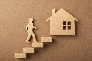 Down payment assistance program concept. Abstract illustration of a person climbing stairs towards a house.