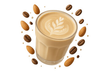 Obraz premium Delicious latte coffee with almonds and beans isolated on transparent background.