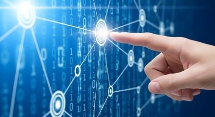 A finger touching a glowing node in a network with binary code on a blue digital background