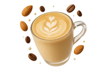 Obraz premium Almond latte with coffee beans, almonds, isolated on transparent background.
