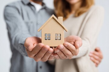 Down payment assistance program concept. Couple holding a small house model, symbolizing home ownership and partnership.