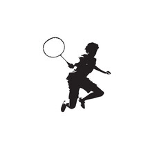 Silhouette of a badminton player in mid air hitting a shuttlecock with a racket