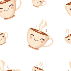 Seamless pattern with beige cartoon cute smiling coffee cups on white background. Vector illustration. Perfect for children designs, packaging, textiles, and wrapping paper.