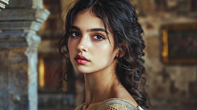 pretty ancient Romanian woman at ancient temple 
