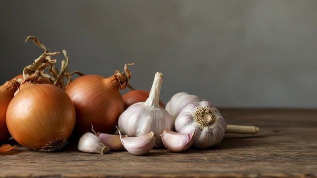 Onions and garlic heads on wood