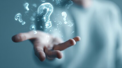 The hand presenting a glowing question mark symbolizing curiosity and exploration.