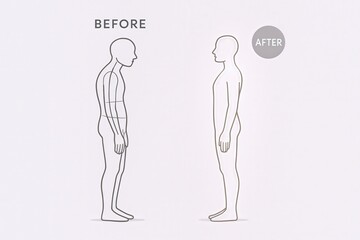 Minimalistic diagram of posture improvement with before and after comparisons for health and wellness