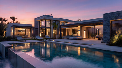 Stunning Twilight View of a Contemporary Luxury Home with Illuminated Pool and Vibrant Sunset Sky Reflection