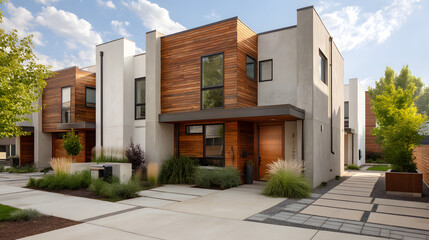 Fototapeta premium Contemporary multi-story townhouses with minimalist design and lush landscaping under a bright sky.