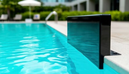 Obraz premium A modern swimming pool with clear blue water and a sleek black sign. In the background, surrounded by greenery, you can see sun loungers and an umbrella.