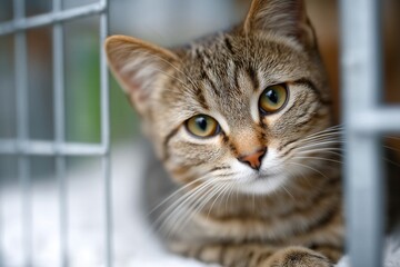 Frightened rescue cat curled in shelter cage seeking comfort and safety