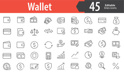Wallet Line Icons, Money Wallet, Credit Card, Payment, Cash, Digital Wallet, Editable Formats: AI, EPS, PNG, Ideal for Both UI and Print Media Use
