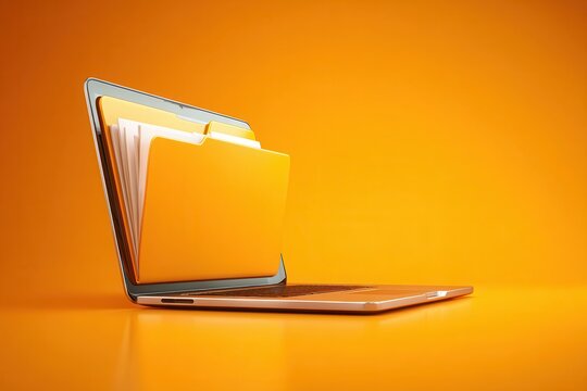 Folder organization and digital workspace on laptop with orange background showing productivity and efficiency in modern tasks
