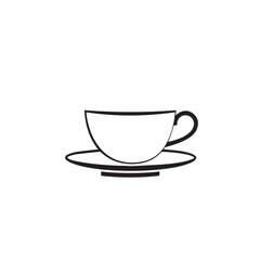 Simple black line drawing of a coffee cup and saucer on a white background