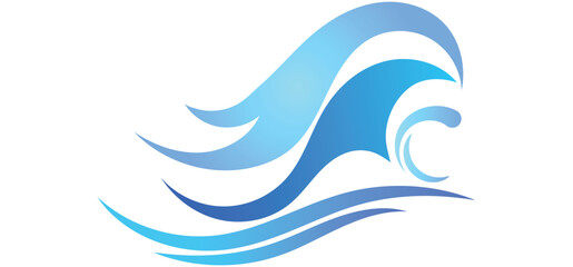 This image features flowing, stylized blue waves against a white background.