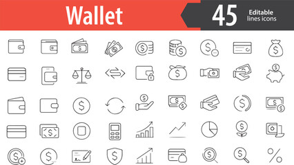Wallet Line Icons, Money Wallet, Credit Card, Payment, Cash, Digital Wallet, Editable Formats: AI, EPS, PNG, Ideal for Both UI and Print Media Use

