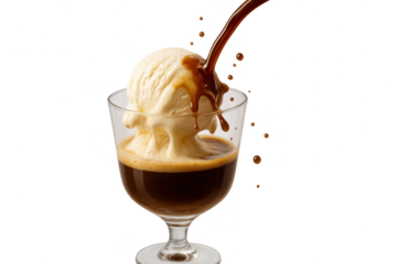 Delicious affogato dessert with pouring espresso over ice cream, isolated on transparent background.