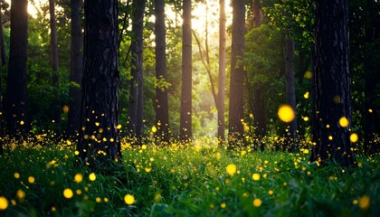 Sunlit forest glade, fireflies