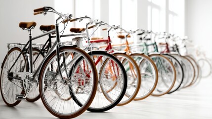 Row of stylish vintage bicycles aligned in bright minimalist studio interior with soft natural light ideal for urban lifestyle visuals, cycling culture, and sustainable transportation promotion